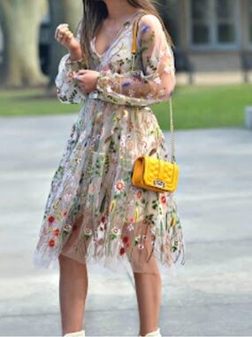 Sundance Sheer Nude Midi Dress with Multicolor Floral Embroidery